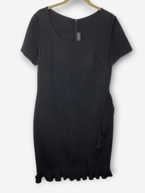 St John Short Sleeve Wool Ruffle Wrap Detail Sheath Dress 10 Black